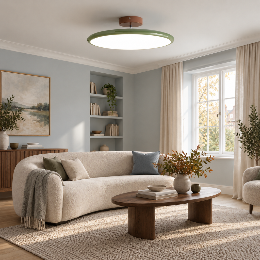 Green round metal semi flush ceiling light, original Vida Lights photograph