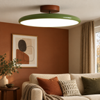 Green round metal semi flush ceiling light, original Vida Lights photograph