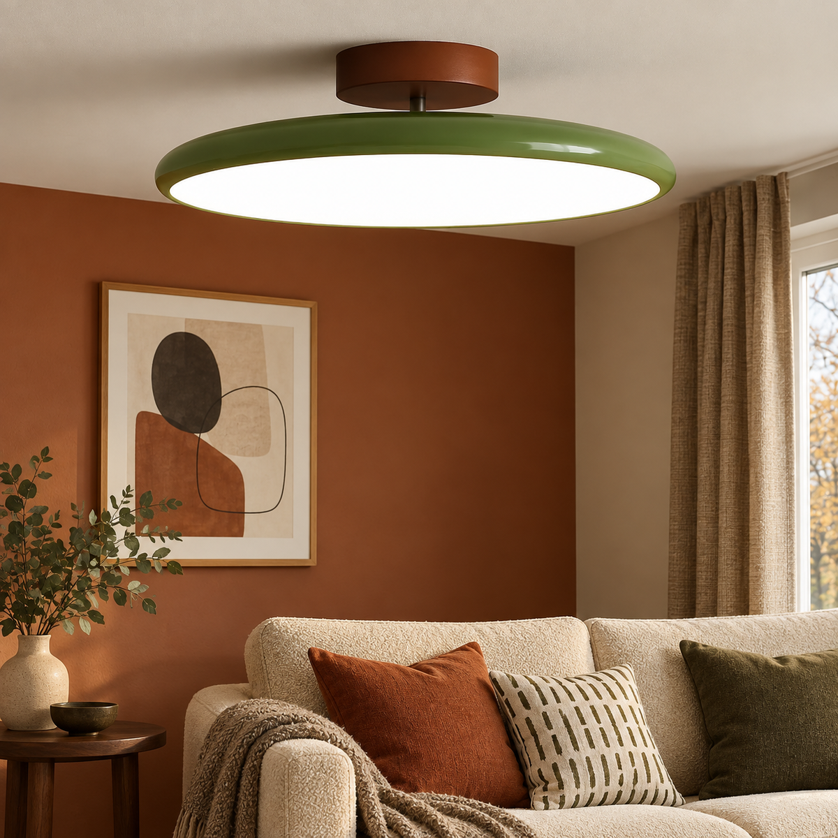 Green round metal semi flush ceiling light, original Vida Lights photograph