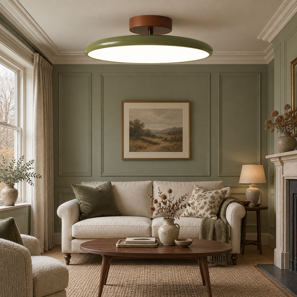 Green round metal semi flush ceiling light, original Vida Lights photograph