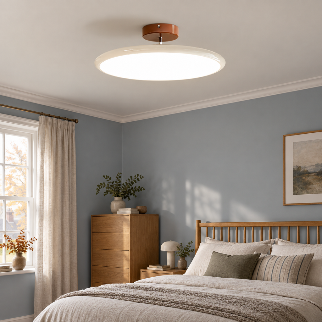 Beige round metal semi flush ceiling light, original Vida Lights photograph