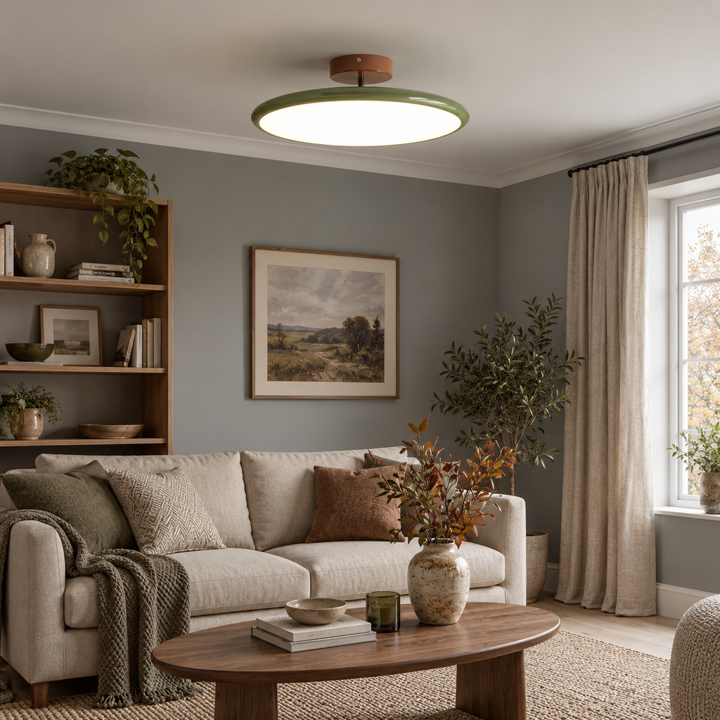 Green round metal semi flush ceiling light, original Vida Lights photograph