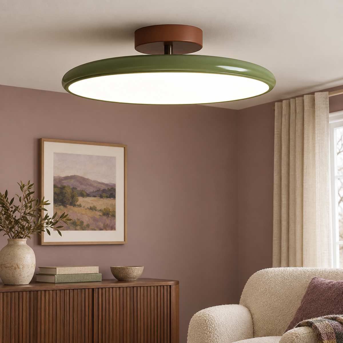 Green round metal semi flush ceiling light, original Vida Lights photograph