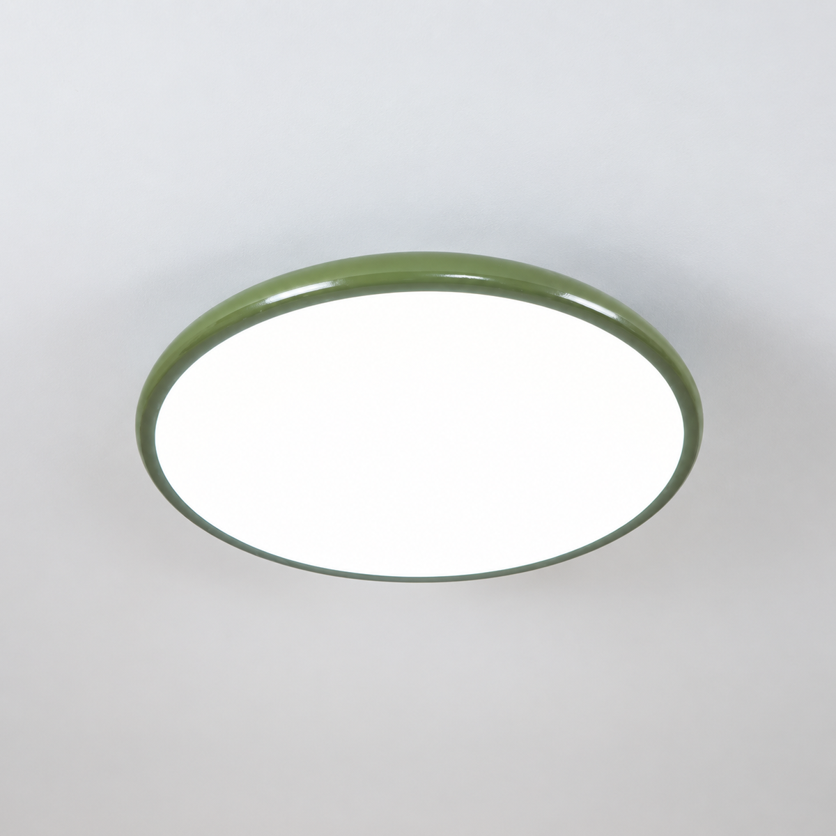 Green round metal semi flush ceiling light, original Vida Lights photograph