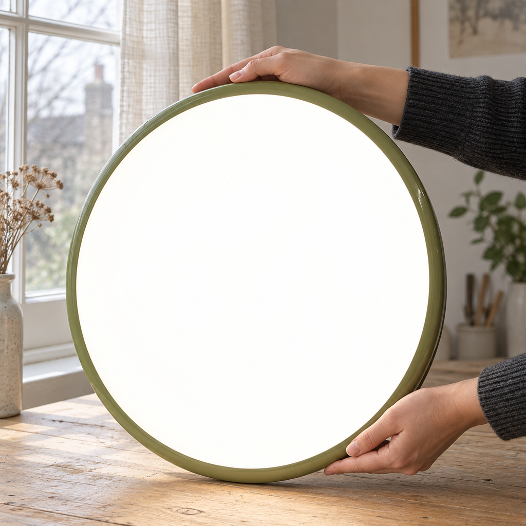 Green round metal semi flush ceiling light, original Vida Lights photograph