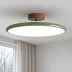 Green round metal semi flush ceiling light, original Vida Lights photograph