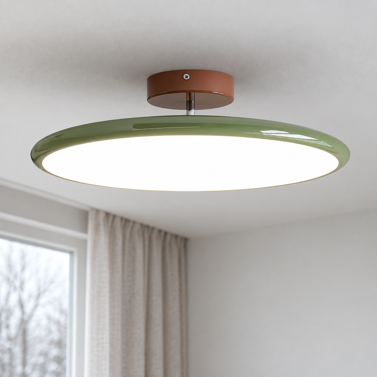 Green round metal semi flush ceiling light, original Vida Lights photograph