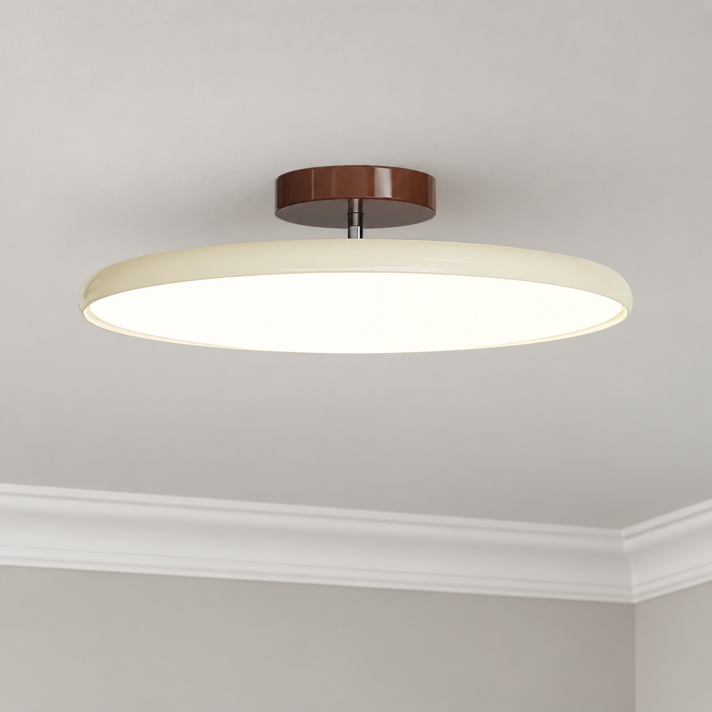 Beige round metal semi flush ceiling light, original Vida Lights photograph