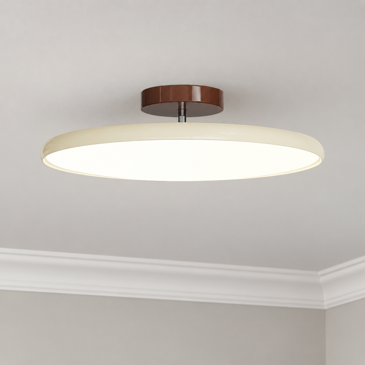 Beige round metal semi flush ceiling light, original Vida Lights photograph