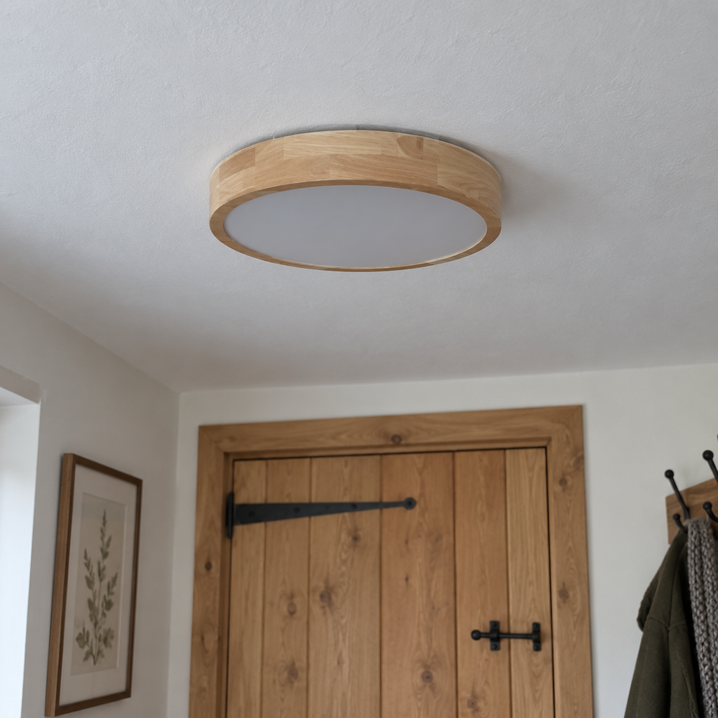 Round wooden flush ceiling light with frosted diffuser — original photograph 2