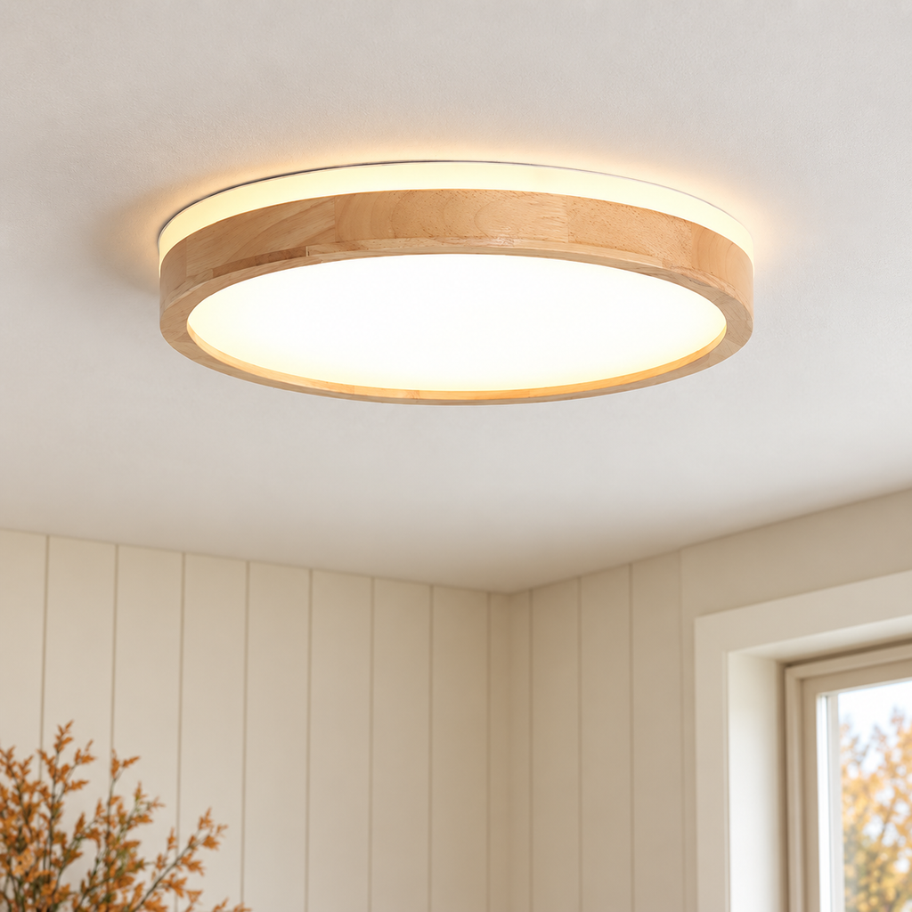 Round wooden flush ceiling light with frosted diffuser — original photograph 3