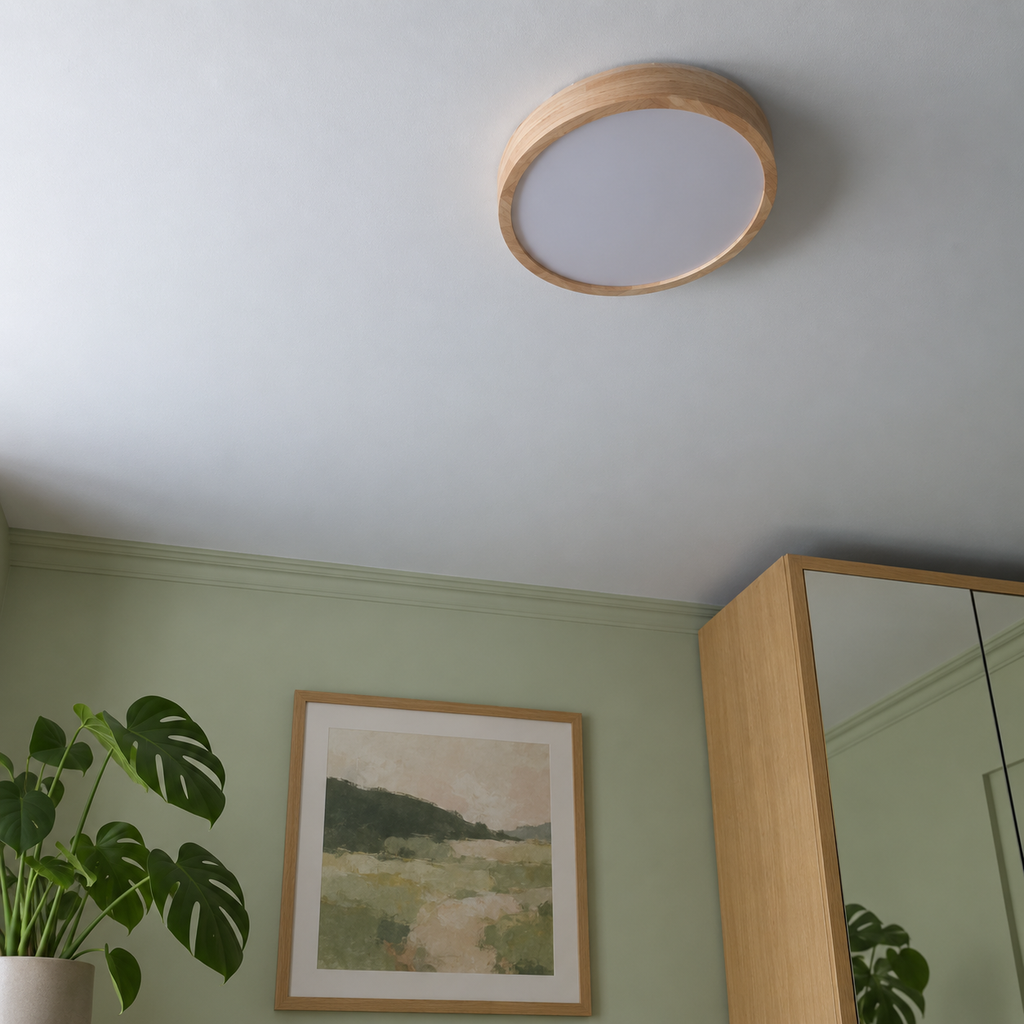 Round wooden flush ceiling light with frosted diffuser — original photograph 4