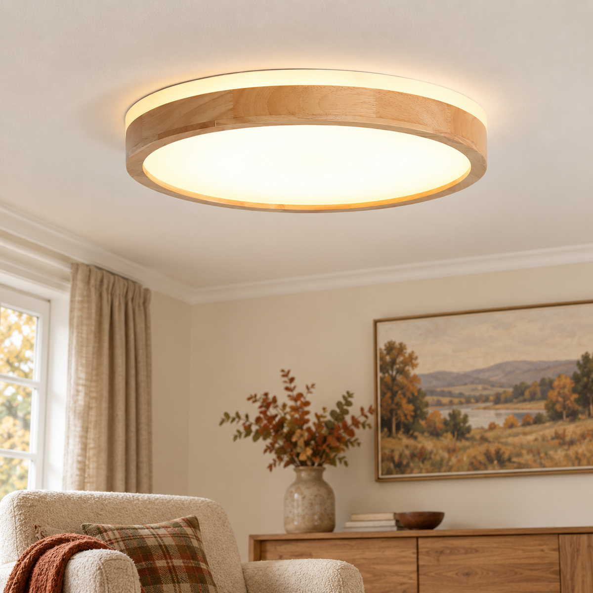 Round wooden flush ceiling light with frosted diffuser — original photograph 5
