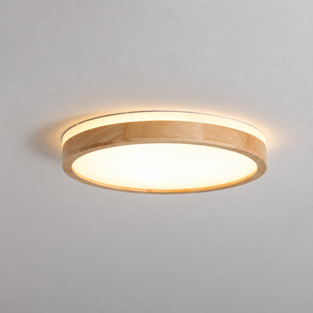 Round wooden flush ceiling light with frosted diffuser — original photograph 7