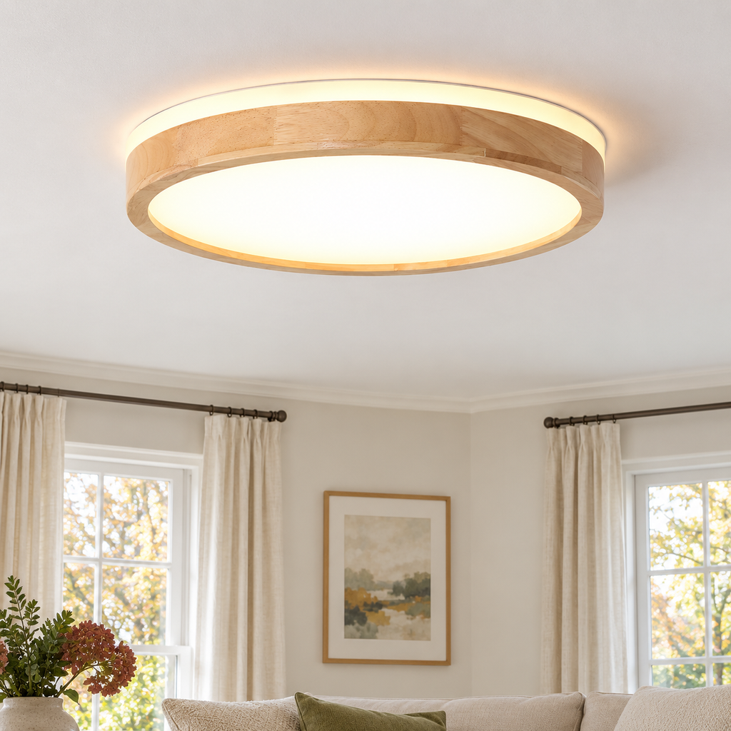 Round wooden flush ceiling light with frosted diffuser — original photograph 9