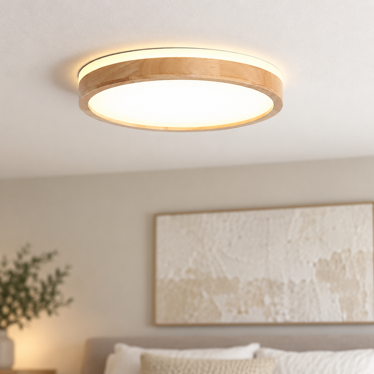 Round wooden flush ceiling light with frosted diffuser — original photograph 10