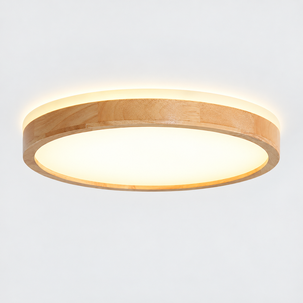 Round wooden flush ceiling light with frosted diffuser — original photograph 13