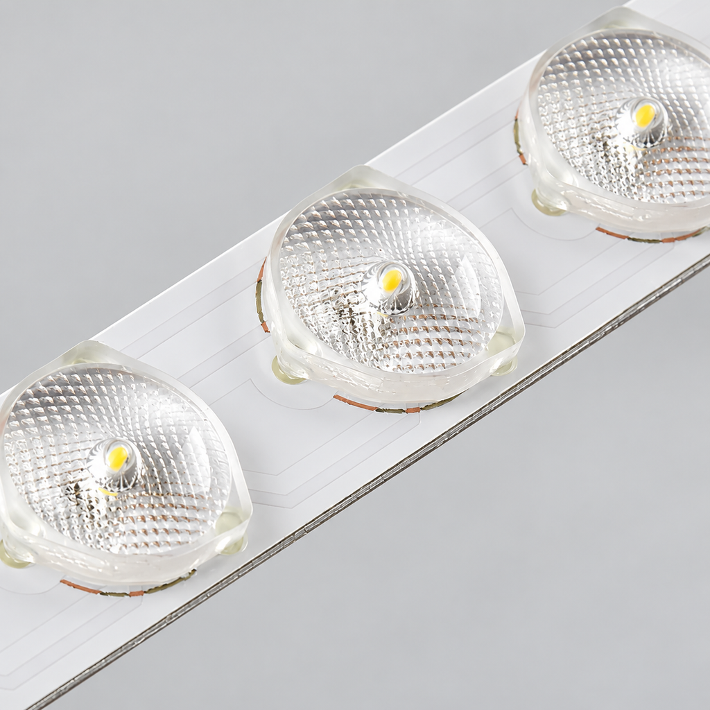 Original macro photograph of three LED lenses in the ceiling light