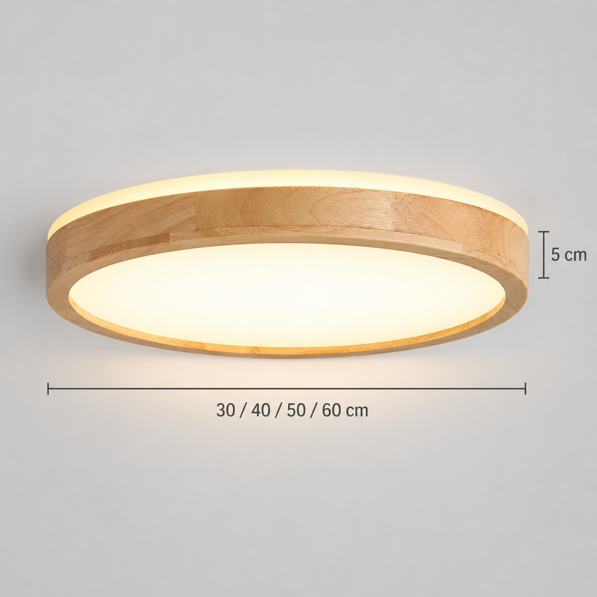 Round wooden flush ceiling light — diameters30/40/50/60cm, height5cm