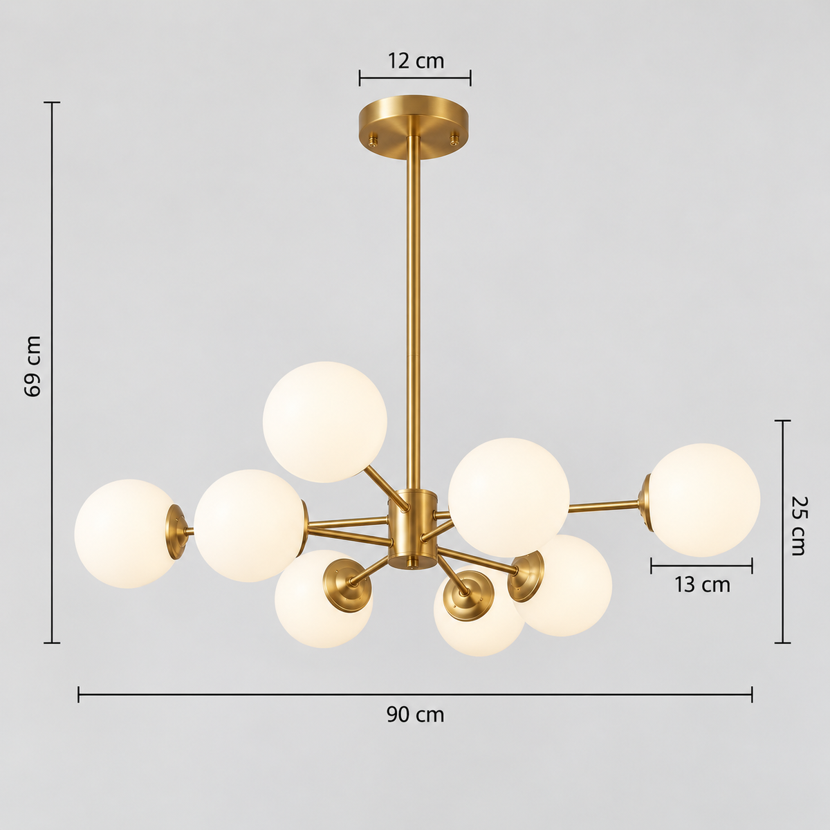 Opal glass globe chandelier — verified measurements; Dimensions image metafield only.