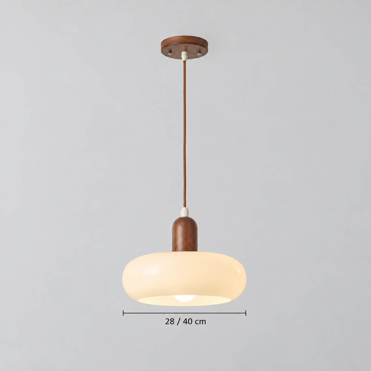 Pendant light with rounded glass shade and wooden neck — verified 28 and 40 cm diameters; Dimensions image metafield only.