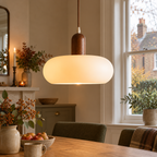 Vida Lights rounded glass pendant with wooden neck – original gallery photograph 1
