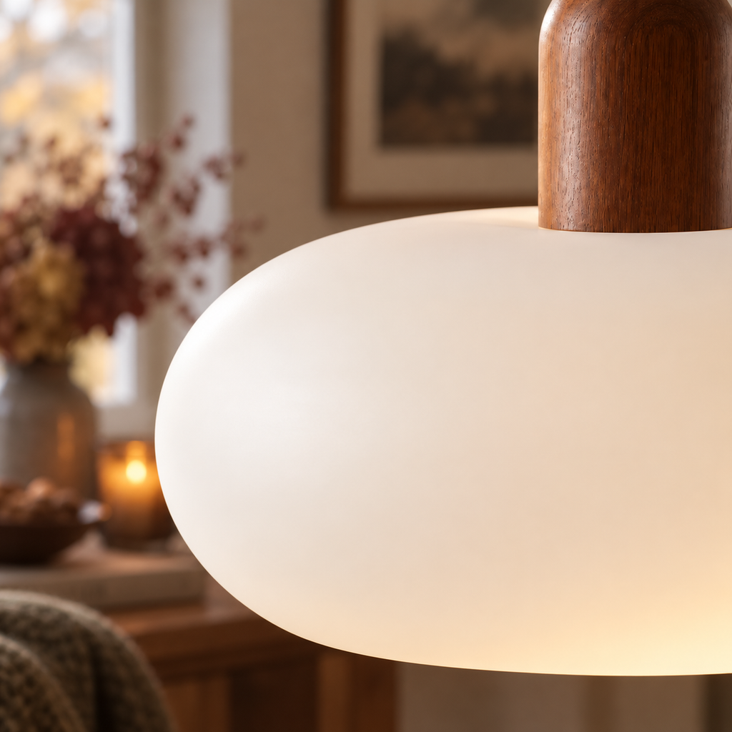 Vida Lights rounded glass pendant with wooden neck – original gallery photograph 2