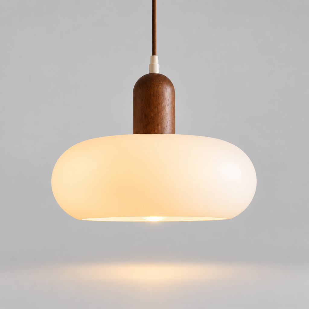 Vida Lights rounded glass pendant with wooden neck – original gallery photograph 7
