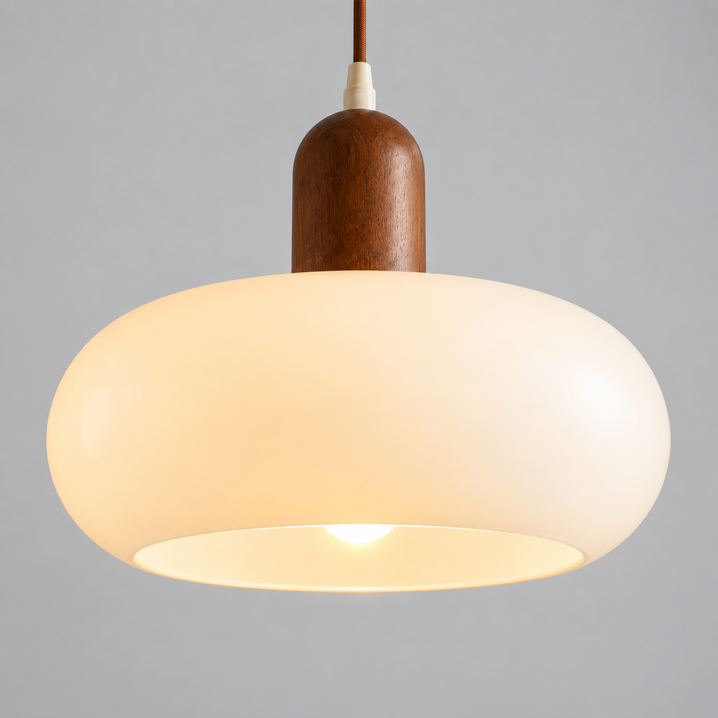 Vida Lights rounded glass pendant with wooden neck – original gallery photograph 8