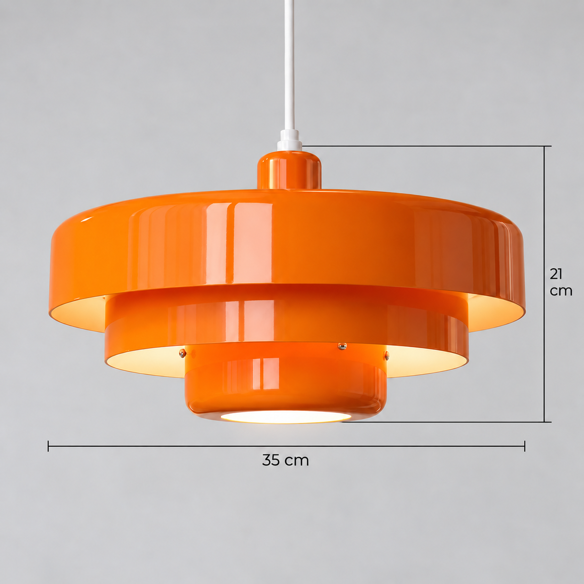 Pendant light with three tiered cylindrical shades — verified 35 cm diameter and 21 cm body height; Dimensions image metafield only.