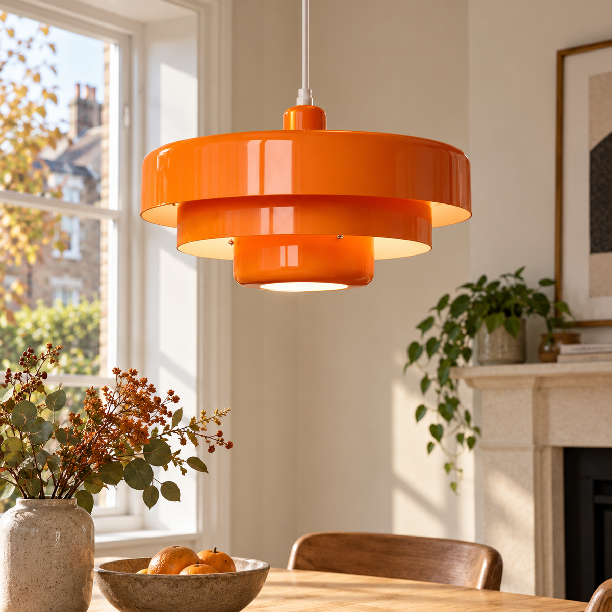 Pendant Light with Three Tiered Cylindrical Shades — Orange