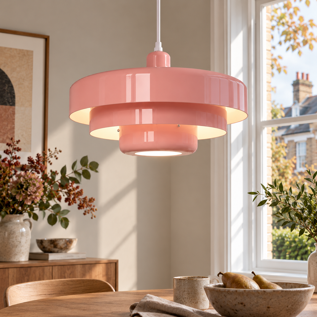 Pendant Light with Three Tiered Cylindrical Shades — Pink