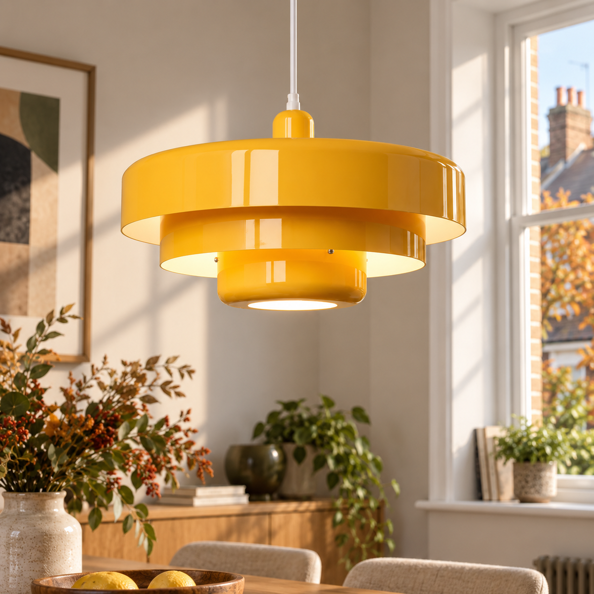 Pendant Light with Three Tiered Cylindrical Shades — Yellow