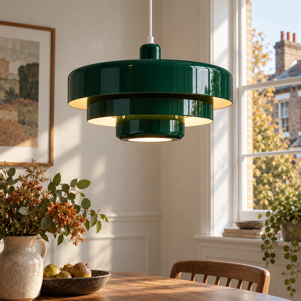 Pendant Light with Three Tiered Cylindrical Shades — Green