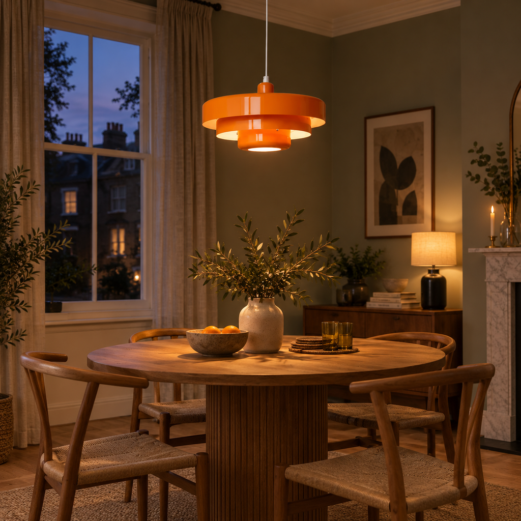 Pendant Light with Three Tiered Cylindrical Shades — Orange