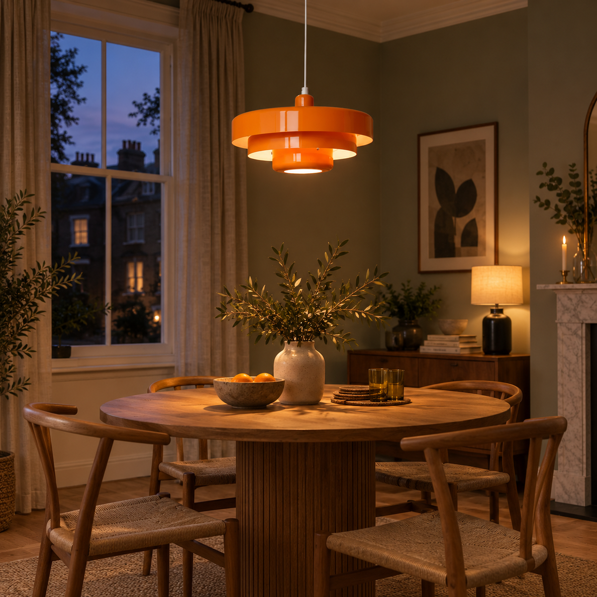 Pendant Light with Three Tiered Cylindrical Shades — Orange