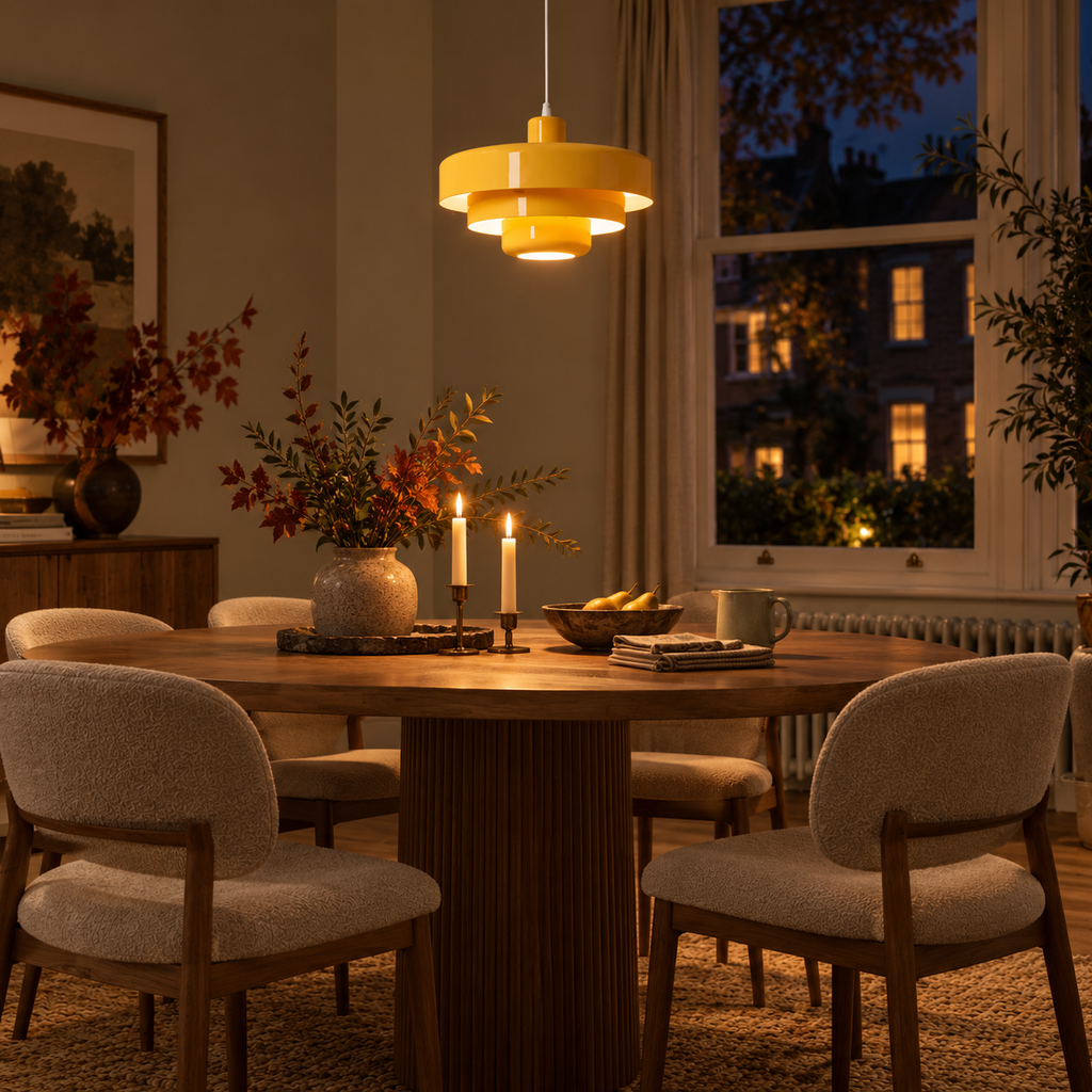 Pendant Light with Three Tiered Cylindrical Shades — Yellow