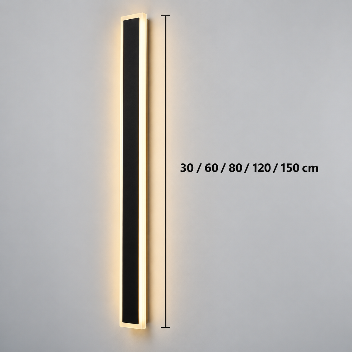Outdoor wall light with slim linear LED bar — verified 30, 60, 80, 120 and 150 cm lengths; Dimensions image metafield only.
