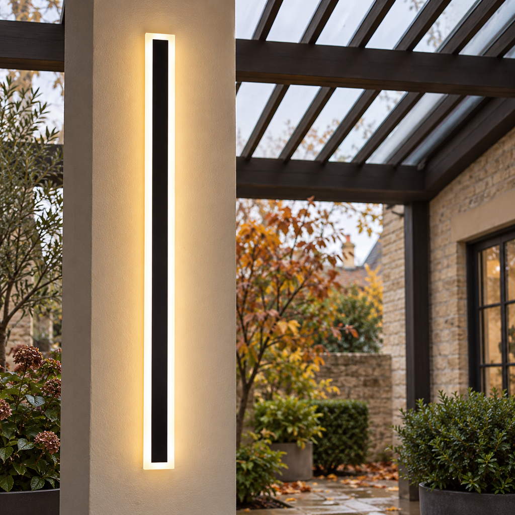 Outdoor Wall Light with Slim Linear LED Bar — black fixture