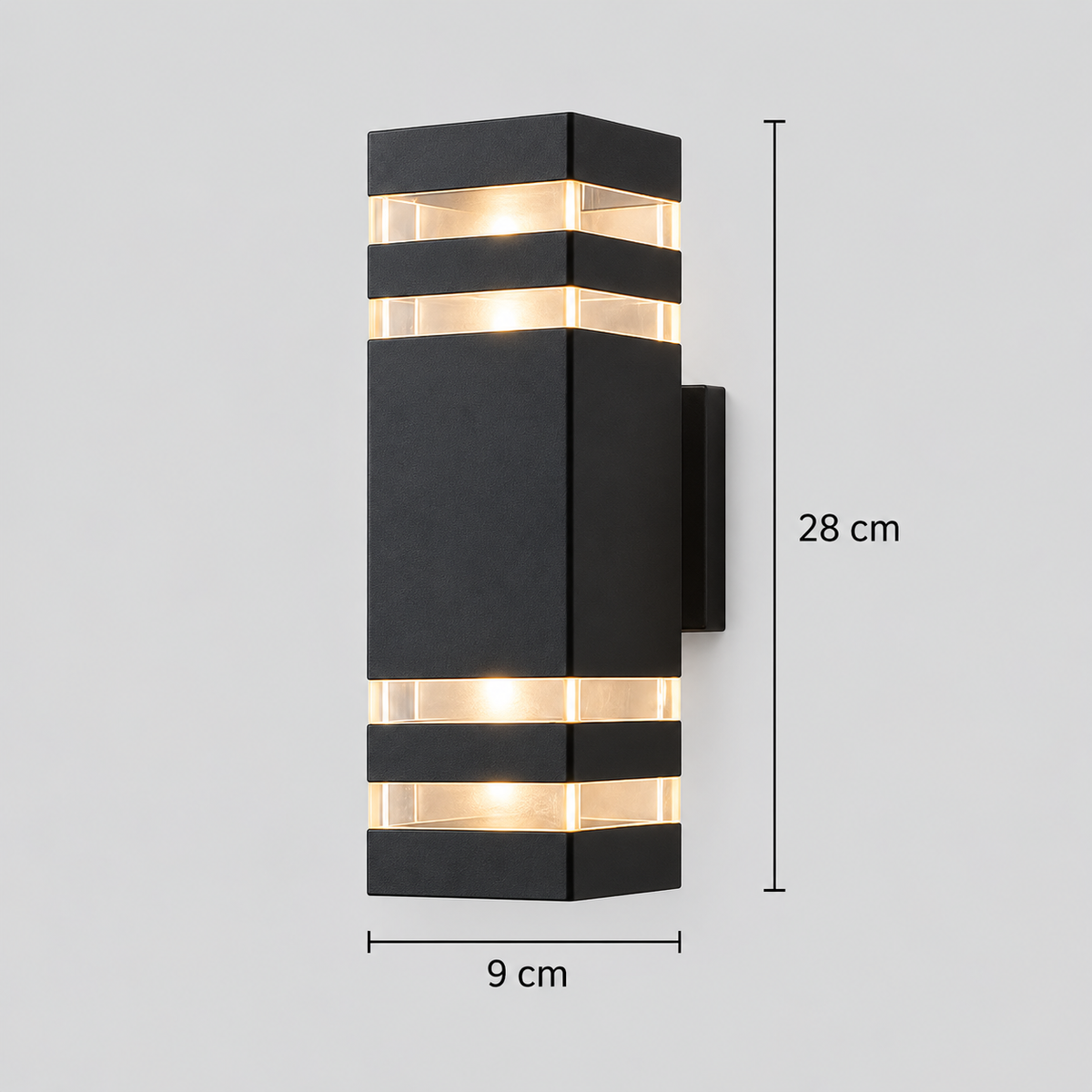 Rectangular wall light with 9 cm width and 28 cm height measurements