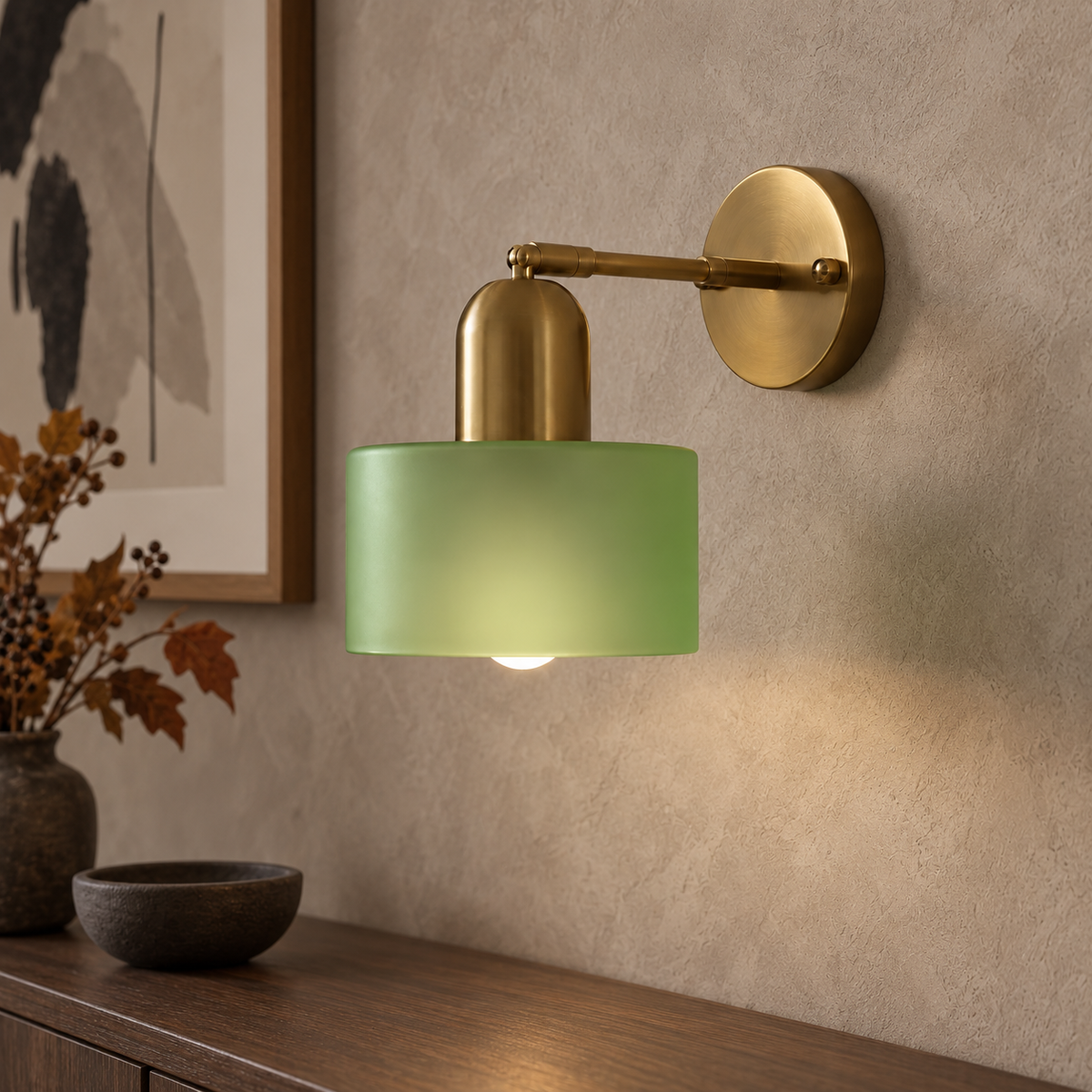 Glass drum wall light with round metal backplate