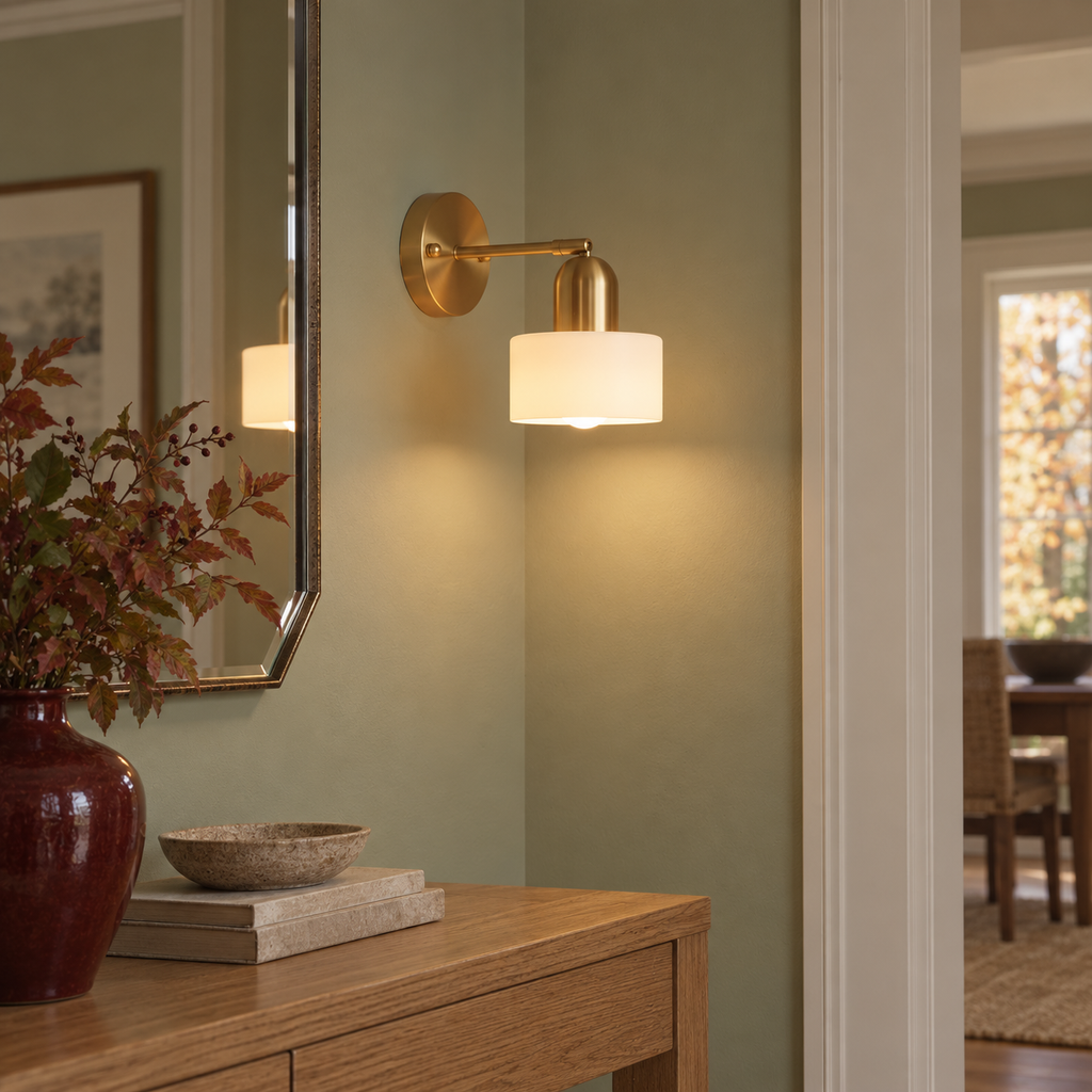 Glass drum wall light with round metal backplate