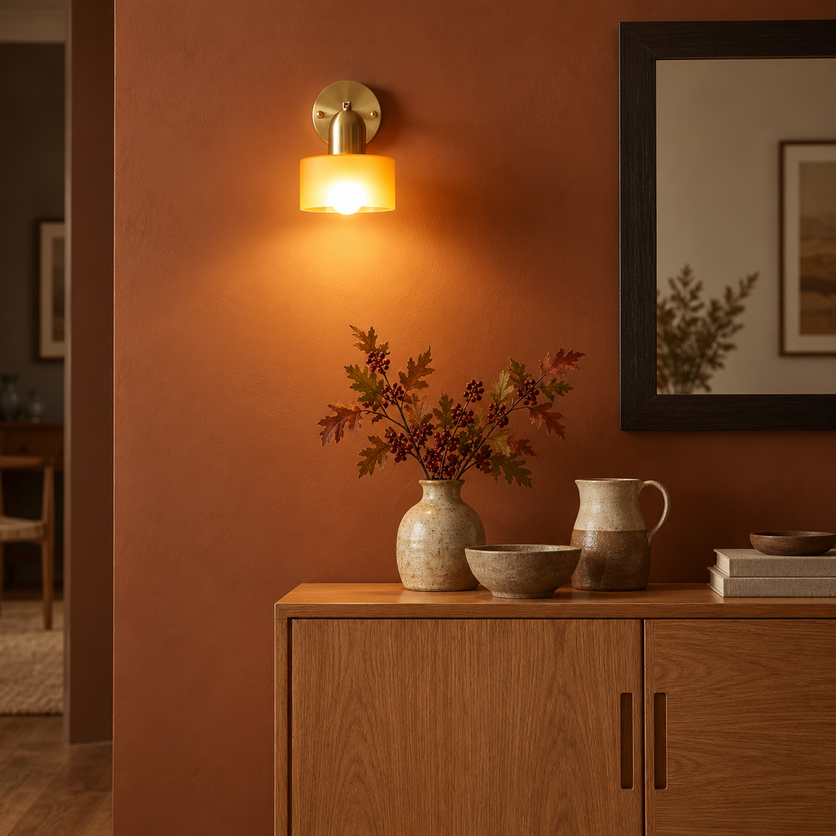 Glass drum wall light with round metal backplate