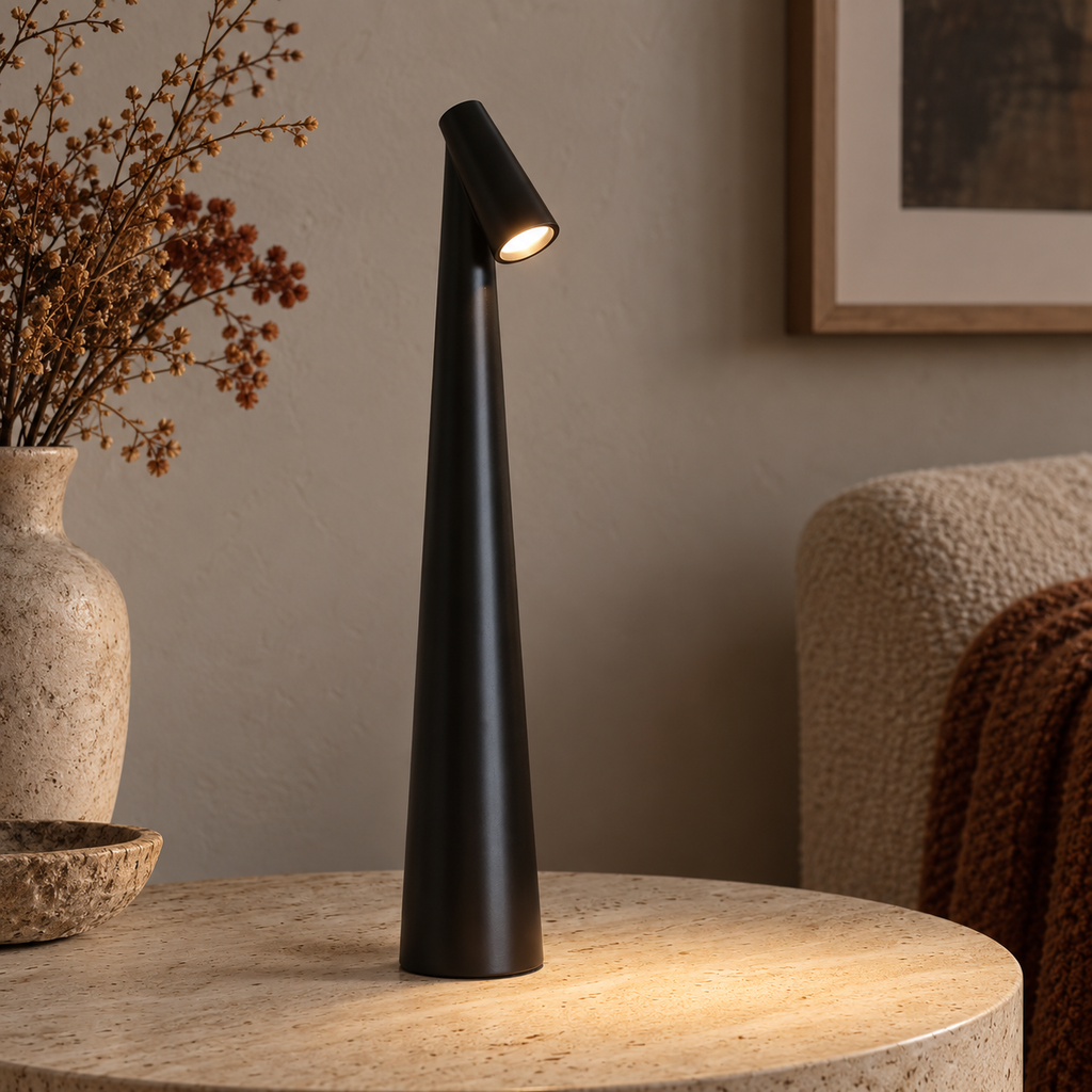 Tapered aluminium table lamp with angled spotlight head