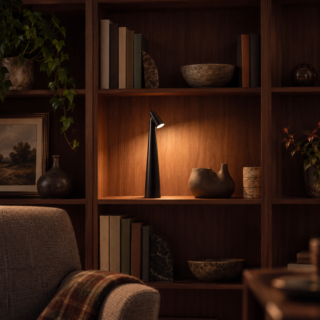 Tapered aluminium table lamp with angled spotlight head