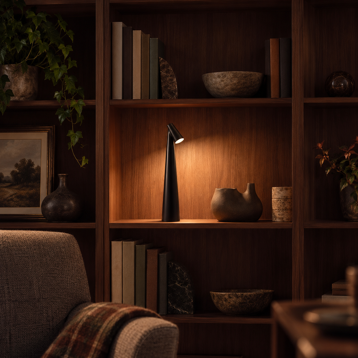 Tapered aluminium table lamp with angled spotlight head
