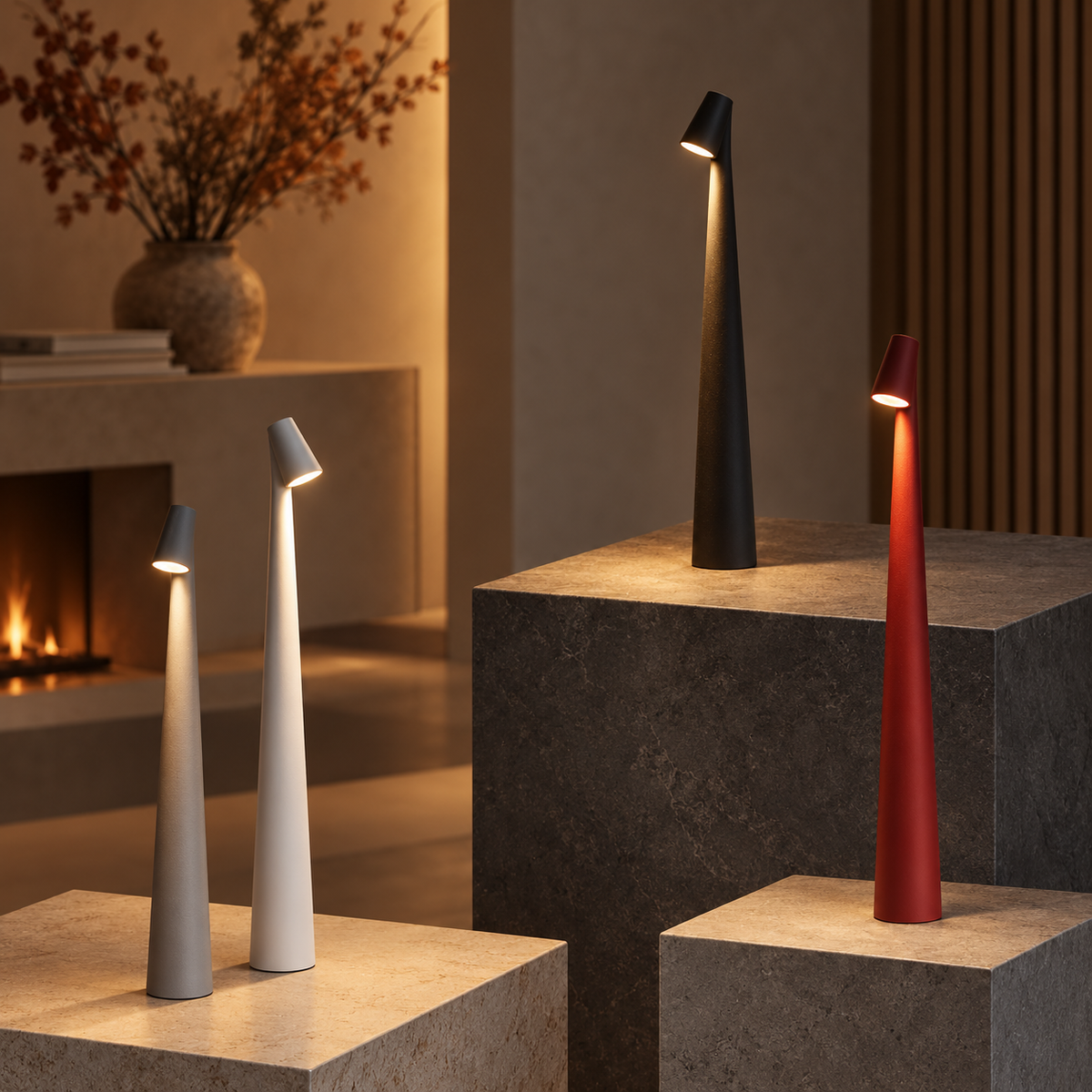 Tapered aluminium table lamp with angled spotlight head