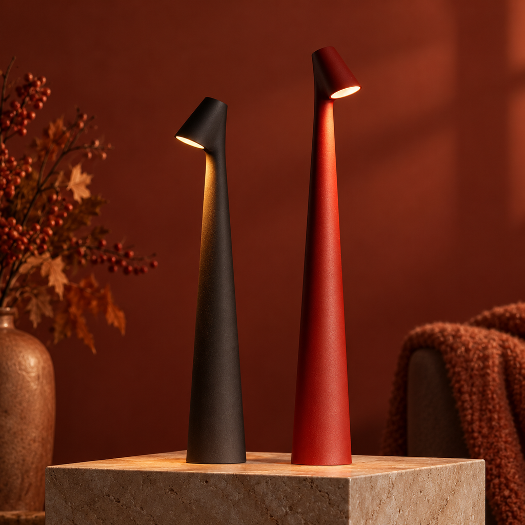 Tapered aluminium table lamp with angled spotlight head
