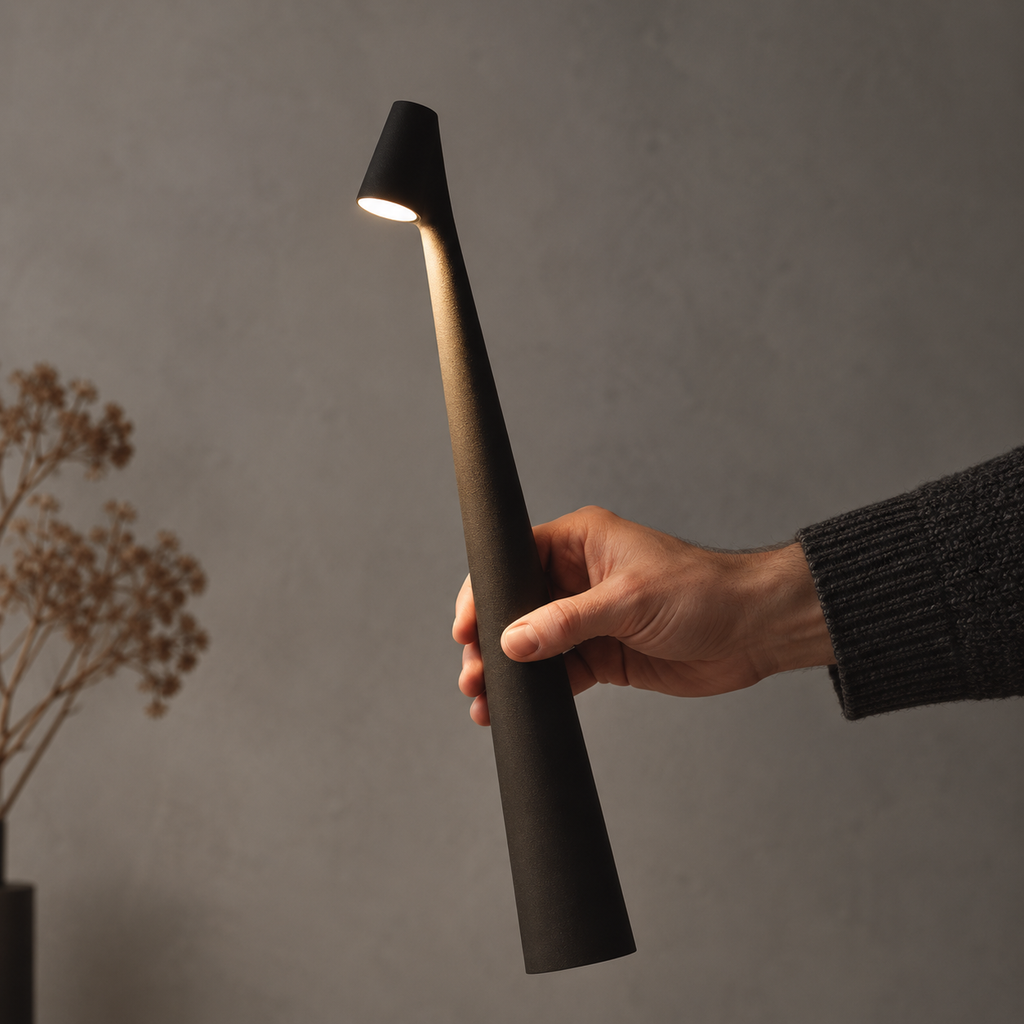 Tapered aluminium table lamp with angled spotlight head