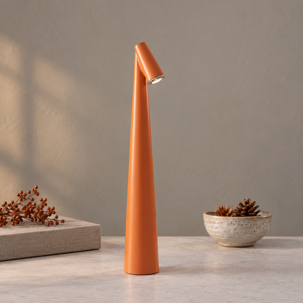 Tapered aluminium table lamp with angled spotlight head